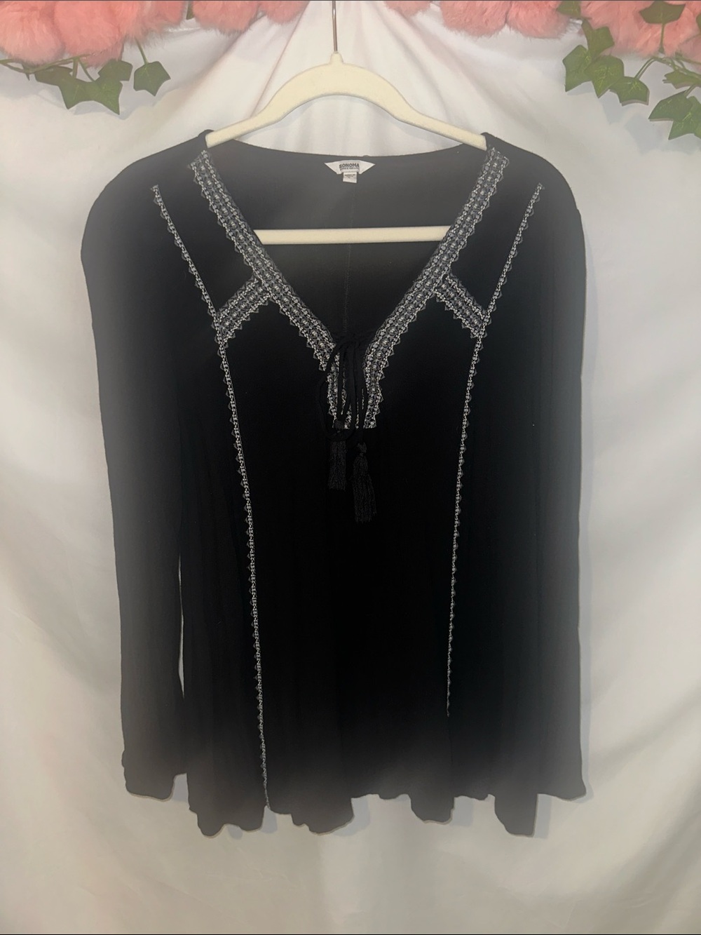 Sonoma Black Embroidered Tie-Front Tunic Top